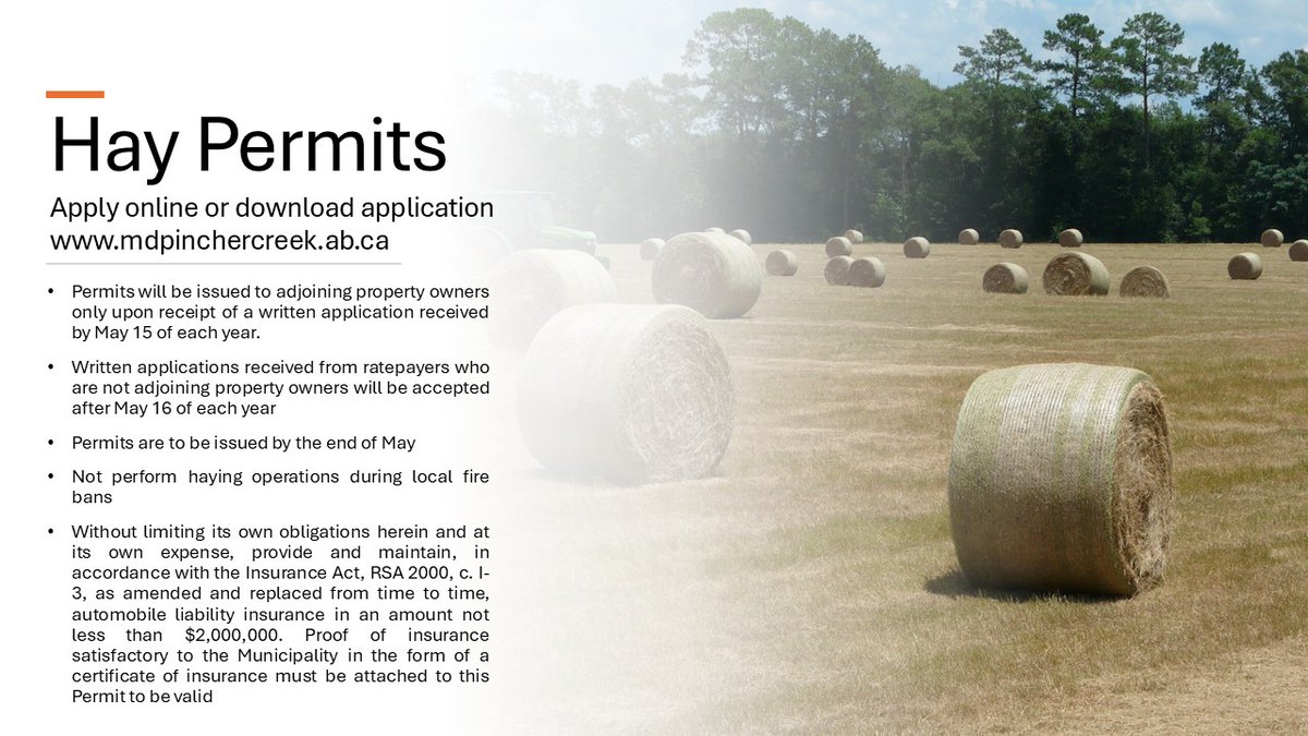 md_of_pc's tweet photo. Applications for the 2026 hay season are now open. For full details, visit https://t.co/Cx8Jr8kfBC
Adjacent landowners must apply by May 15, while non-adjacent landowners can submit applications from May 16 to May 31. Permits will be sent out at the beginning of June. https://t.co/7BCjqQCTWV