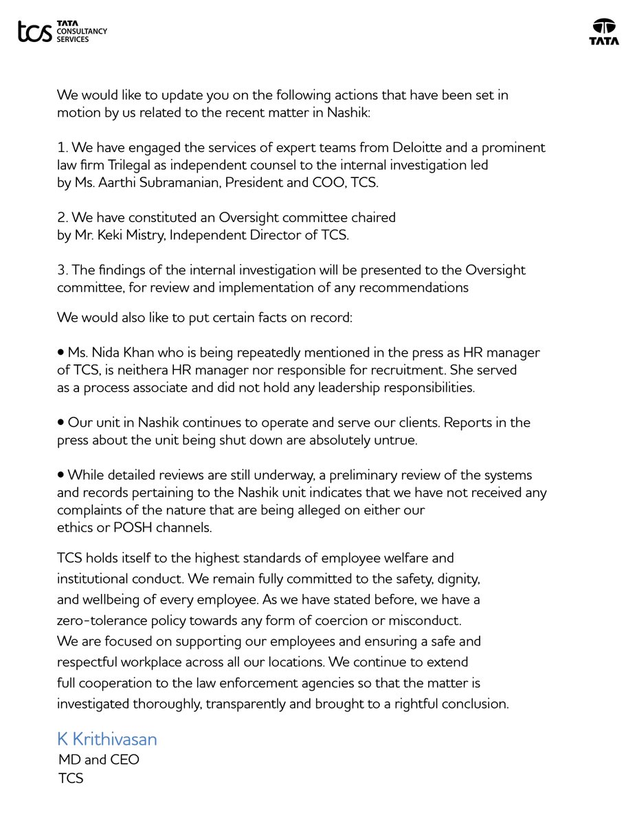 Public statement by Mr. K. Krithivasan, Chief Executive Officer and Managing Director, related to the recent matter in Nashik. All details here: bseindia.com/xml-data/corpf…