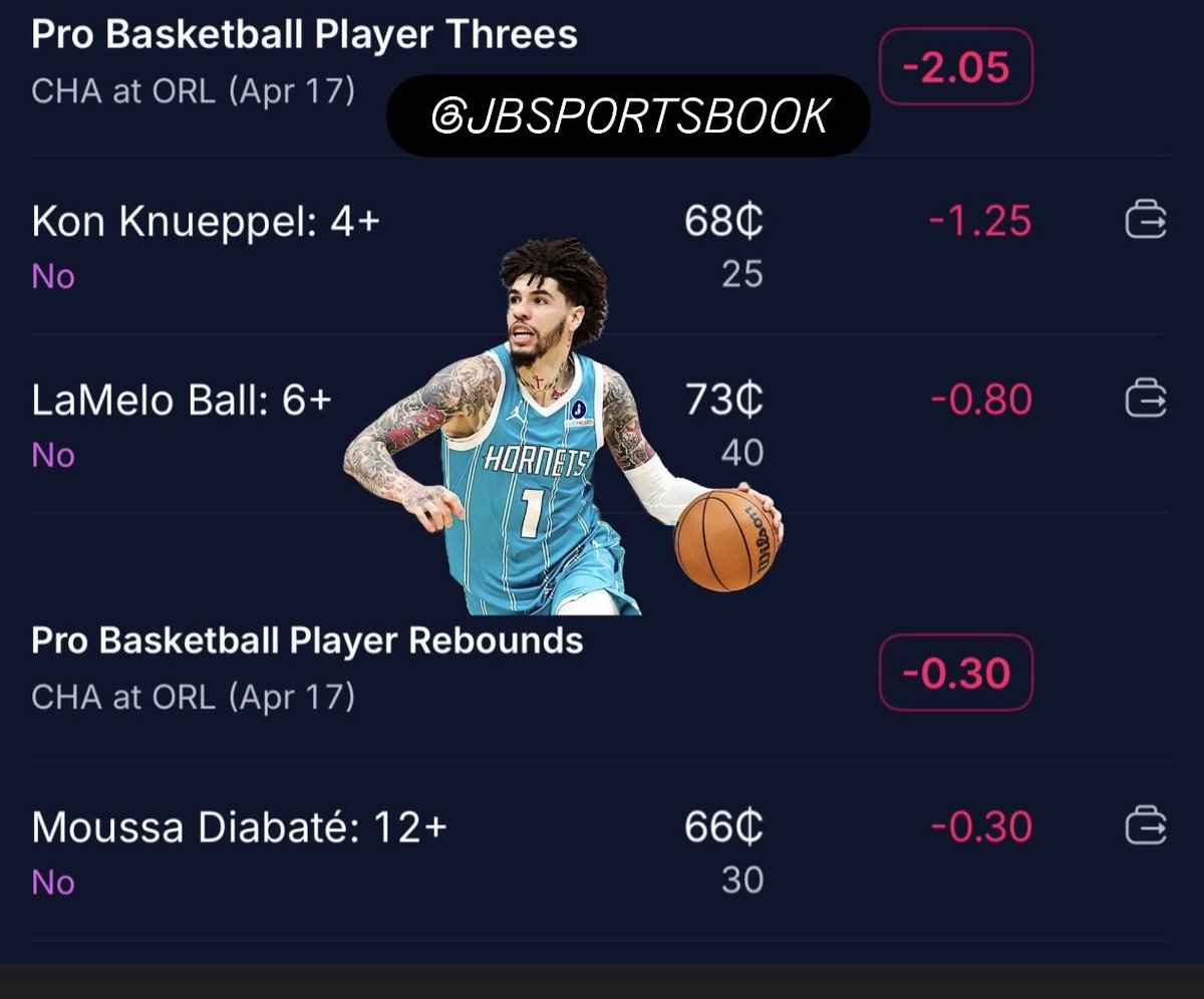 JBSportsbook's tweet image. ⭐️ BEST NBA BETS FOR 4/17 

Get 1 Free Months of VIP with Link Below 
dubclub.win/r/p/pri-nyr4b/…

Bets on @WebullGlobal Prediction Market 

🏀 Kon Knueppel Under 3.5 3PM 
🏀 Lamelo Ball Under 5.5 3PM 
🏀 Moussa Under 11.5 Rebs 

#PrizePicks | #PrizePicksNBA | 
#NBA | #PropBets |