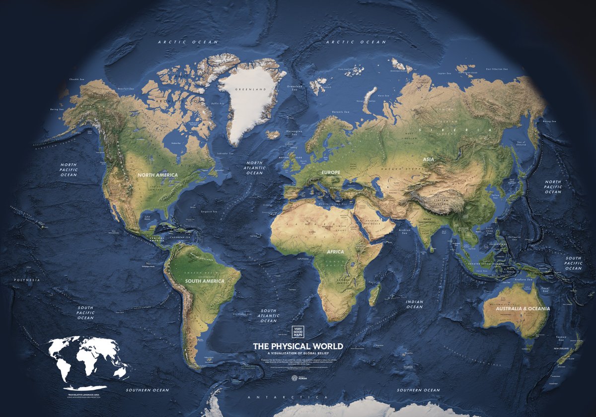 verygoodmaps's tweet image. World physical. This project takes a bit longer time and it's still WIP. About the projection (because everybody always notices Greenland first), projection is chosen because I wanted something that made me feel dizzy when looking at it full size.
#world #physical #geography