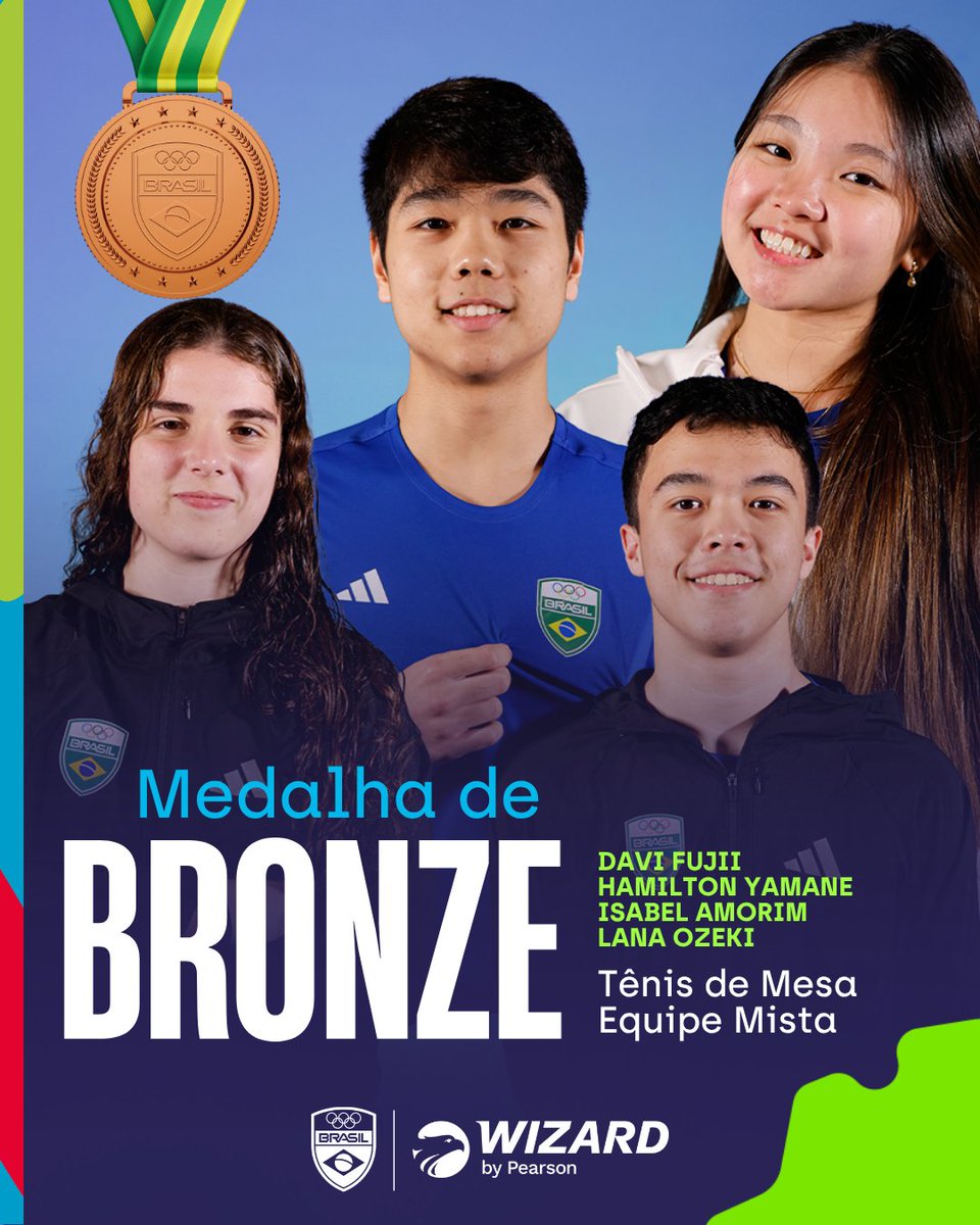 timebrasil's tweet image. BRONZE PARA O TIME BRASIL! 🥉🇧🇷🏓

Davi Fujii, Hamilton Yamane, Isabel Amorim e Lana Ozeki conquistaram a medalha de bronze na disputa por equipes mistas no tênis de mesa!

Mais um grande resultado coletivo pra conta! 💚💛

#TimeBrasilNoPanamá #TênisDeMesa #Wizard