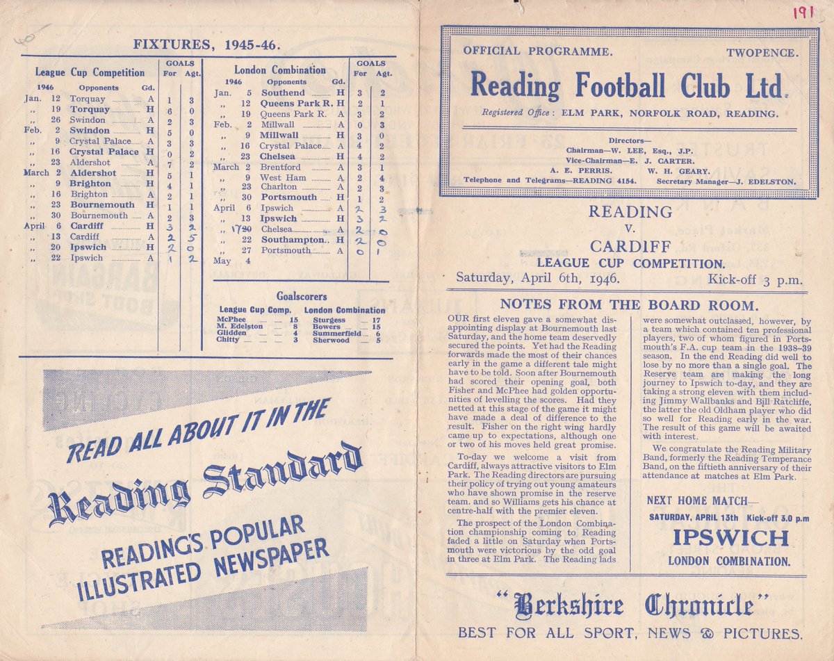 HertsRoyal's tweet image. Just four pages for this Division Three (South) South Cup #readingfc v #bluebirds programme from April 1946 (but still better than we get today), it was a 3-2 home win (Galloway, Edelston, MacPhee) in front of 9,654 @TheTilehurstEnd @cribsie @OldRoyalsStuff