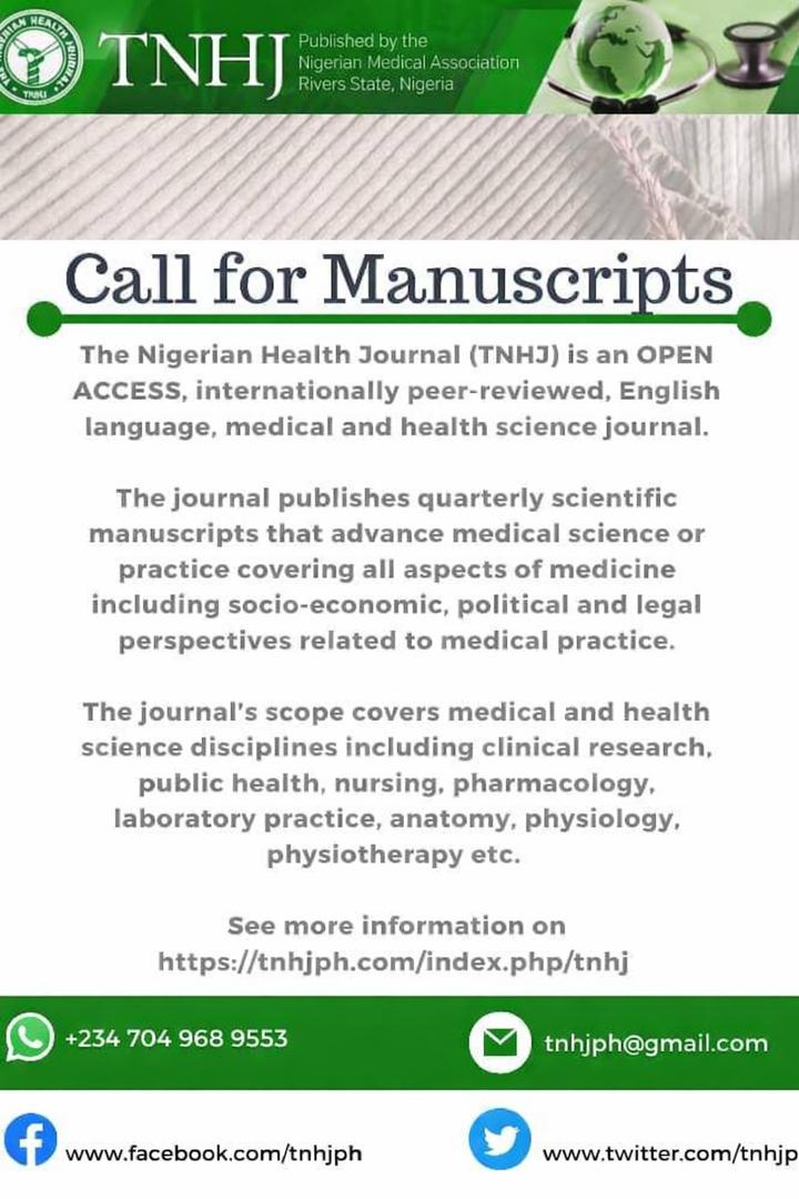 tnhjph's tweet image. 📢 Your Research Deserves to Be Published

Share your scientific findings and contribute to advancing healthcare knowledge.

Submit your research to The Nigerian Health Journal.

#CallForPapers

#TNHJ #NewIssue #MedicalResearch #PublicHealth #OpenAccess #HealthcareLeadership