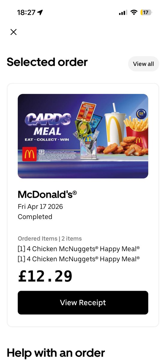 AmyWardman22792's tweet photo. @UberEats how does this look like 2 children's chicken nugget happy meals, but I've got 2 big Mac's with chips and completely different drinks and your saying that I'm not eligible for a refund but your driver messed up and your not taking responsibility for it! https://t.co/U86MD2xDf1