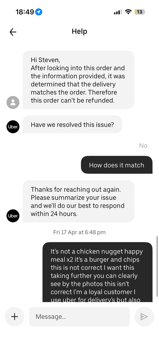 AmyWardman22792's tweet photo. @UberEats how does this look like 2 children's chicken nugget happy meals, but I've got 2 big Mac's with chips and completely different drinks and your saying that I'm not eligible for a refund but your driver messed up and your not taking responsibility for it! https://t.co/U86MD2xDf1