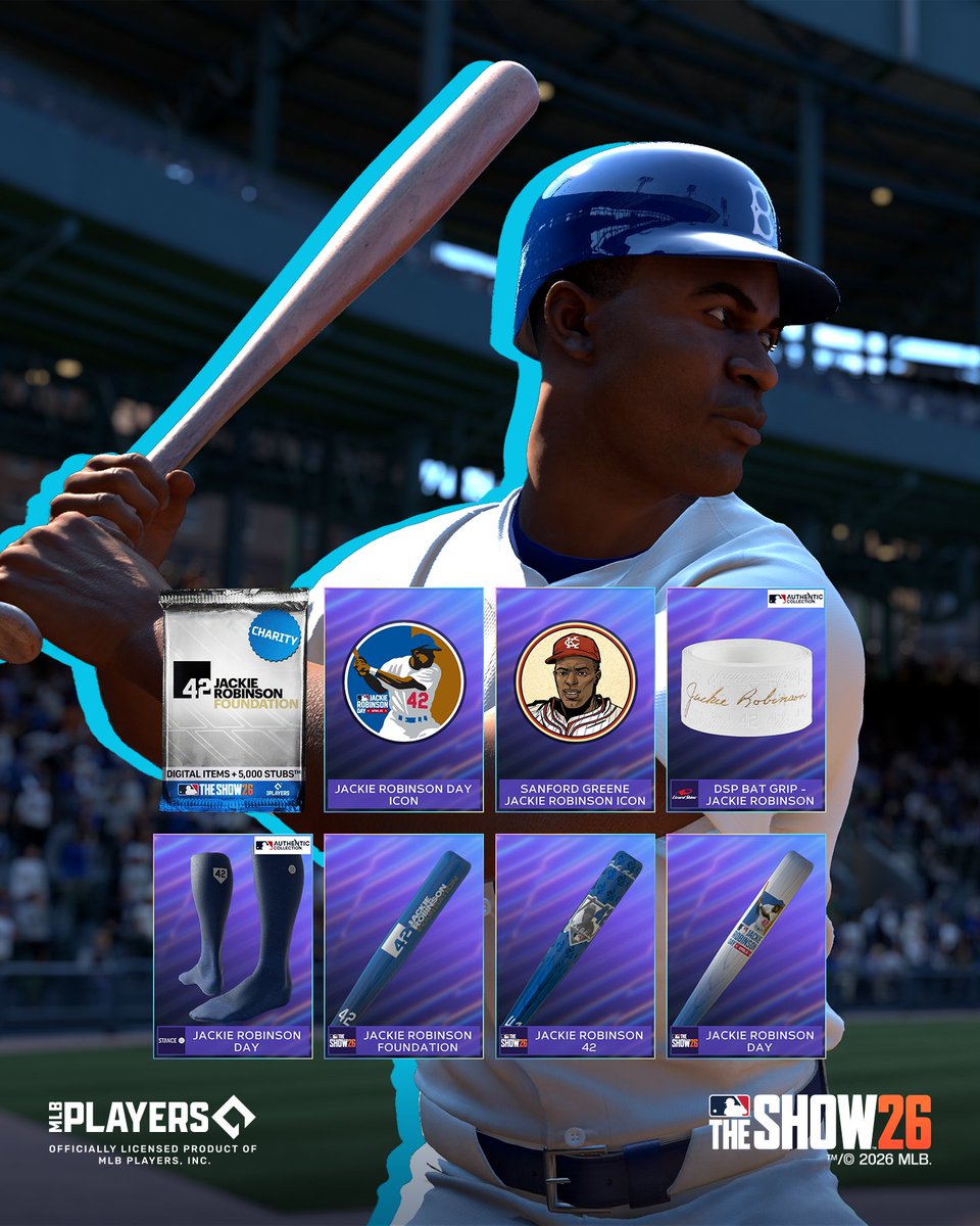 The Jackie Robinson Foundation Charity Pack is available now in MLB The Show 26, with all proceeds supporting the Jackie Robinson Foundation.

Grab yours today:
Xbox – mlbthe.show/hcuX 
PlayStation – mlbthe.show/rUvg 
Nintendo – eShop

📅 Available until April 29,