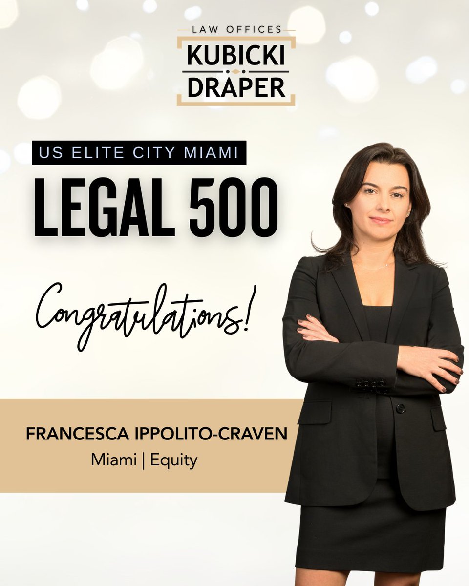 KubickiDraper's tweet image. Congratulations to Francesca Ippolito-Craven on being named to The Legal 500 U.S. Elite!

#KD #KDLaw #Legal500