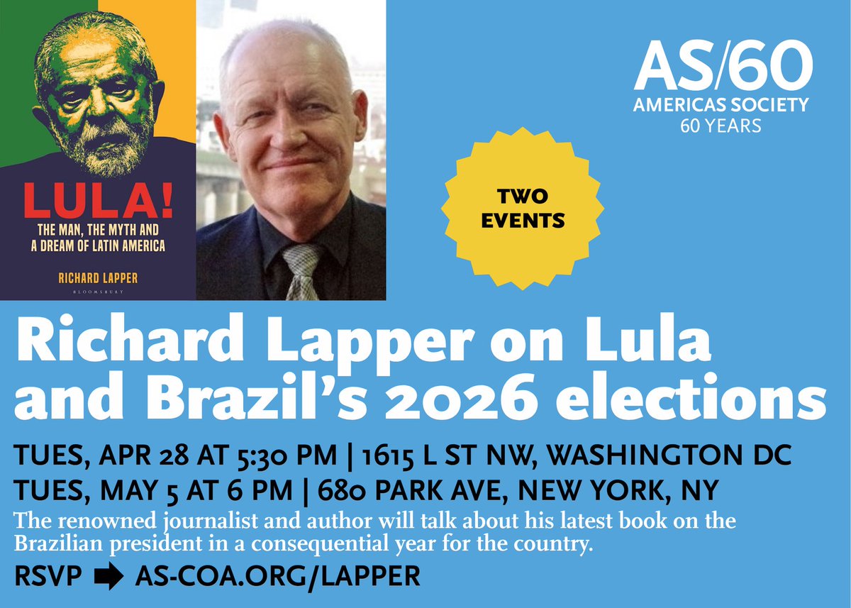 AmerQuarterly's tweet photo. Renowned journalist @onLatinAmerica has just published a major book on Brazil's Lula, who's vying for a 4th presidential term.

Join us 4/28 in DC or 5/5 in NYC for insight on how a single figure came to embody so much of Brazil's modern history. https://t.co/4frJvUa91O https://t.co/09G26TC7WB
