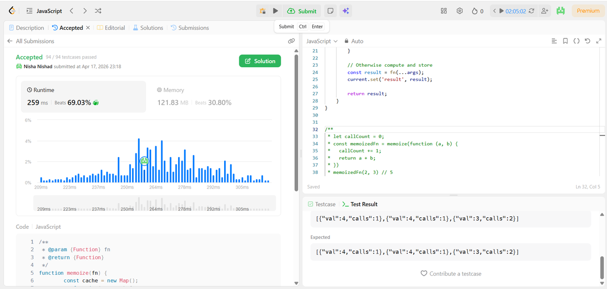 Snisha0908's tweet photo. Day 16/30 of #30DaysOfJavaScript 

Solved 2 problems:
1️⃣ Memoize Function
Cache results to avoid recomputation 
Same inputs (===) → return stored value.
  
2️⃣Snail Traversal 🐌
Convert 1D → 2D matrix

Consistency 
#JavaScript #LeetCode #30DaysOfCode #WebDev https://t.co/IuAabZiddq