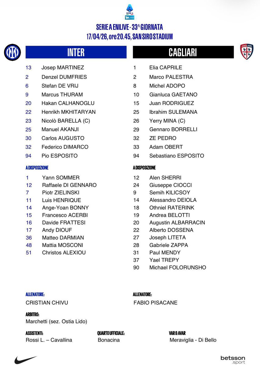 GiokerMusso's tweet image. 🏟️ #Inter - La distinta con le ufficiali: #DeVrij e #Mkhitaryan titolari, #Esposito in coppia con #Thuram nell’11 di #Chivu. Chance per #Martinez tra i pali 📲 #InterCagliari @calciomercatoit