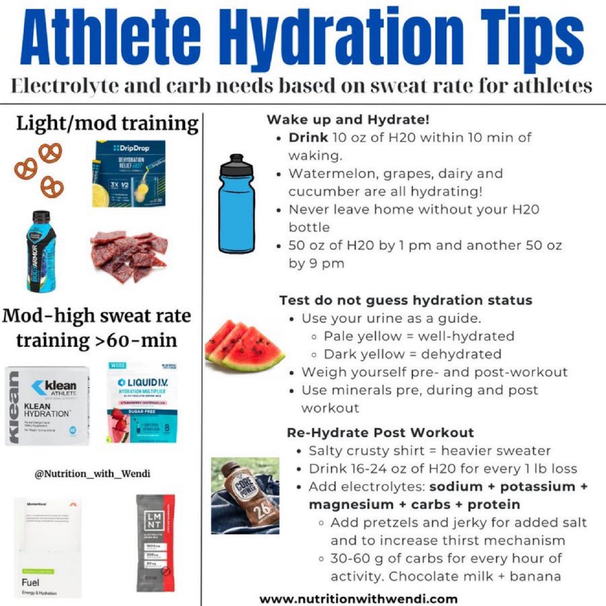 Wendi_Irlbeck's tweet photo. Hydration: The Game-Changer for Athletes

Staying hydrated is one of the most important things you can do to maintain health and performance!

✅ Most athletes need 90–120 oz. of fluid per day + minerals lost through sweat.

Simple tips to stay on track:
✔ Weigh in before and after training.
✔ Rehydrate with 16–24 oz. per pound lost.
✔ Include minerals during workouts >60 min.

Why it matters: Even a 2% loss in body weight from dehydration can:
⚠ Cause headaches
⚠ Drop speed, power & strength
⚠ Increase risk of cramping & injury
⚠ Reduce circulation & cooling ability

Pro tips for optimal performance:
- Drink water consistently (set alarms if needed!)
- Pack minerals/electrolytes for long sessions
-Add 30–60g of carbs per hour of intense activity
📈 Heavy sweaters or extra training = MORE fluids + minerals

✅ Don’t neglect your controllables. Use this guide to assess your hydration needs and stay fueled for success 

https://t.co/Hdd6iA14M0
