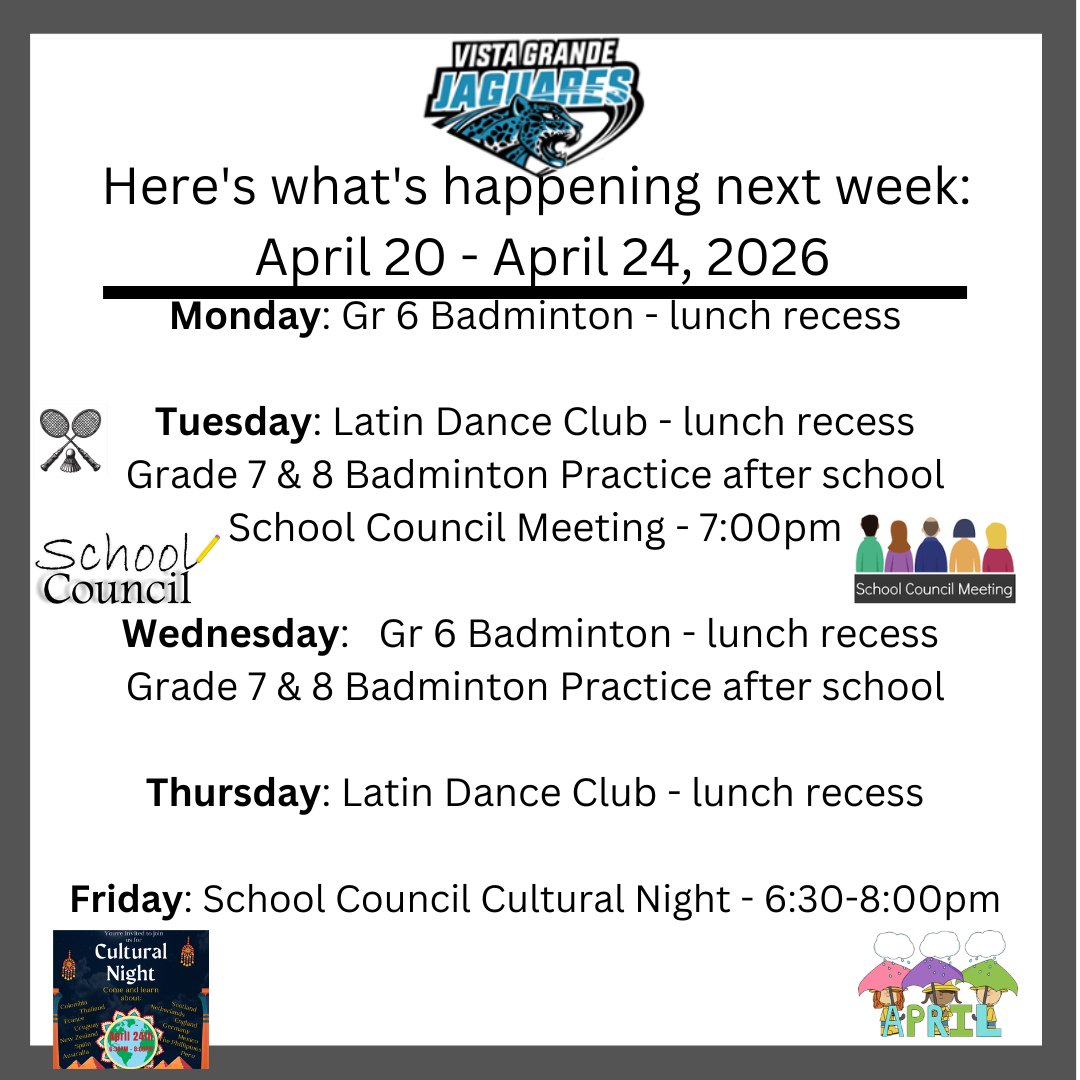 Here's what's happening next week at Escuela Vista Grande!