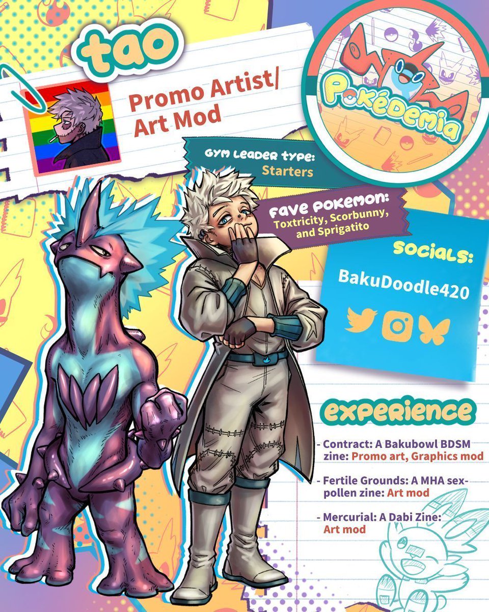 PokedemiaZine's tweet photo. 🌟 Moderator Spotlight! 🌟 

@bakudoodle420 is our art mod and promo artist! Her favorite Pokémon are Toxtricity, Scorbunny, and Sprigatito, and her gym leader theme would be starters! 🧡

#toxtricity #dabi #荼毘 #轟燈矢 #mha #bnha #pokemon #modspotlight #pkmn https://t.co/JVJM4RAQzH