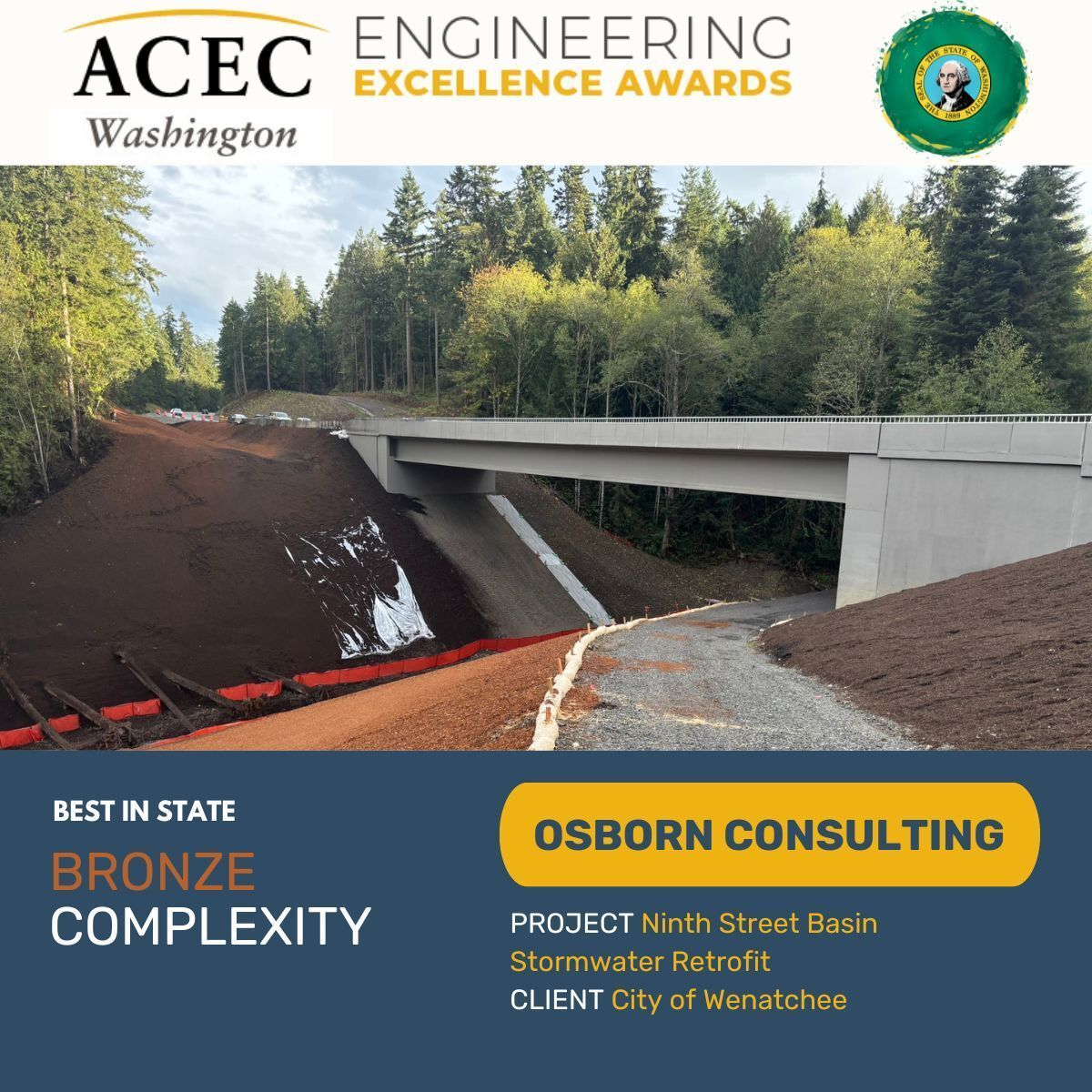 ACECWA's tweet image. ⭐ Osborn Consulting, your project of the Ninth Street Basin Stormwater Retrofit for the City of Wenatchee won bronze at the 2026 ACEC WA Engineering Excellence Awards!
 
Other consultants: @GeoEngineersInc, J&amp;amp;K Earthworks

#EngineeringExcellence #AEC #stormwater