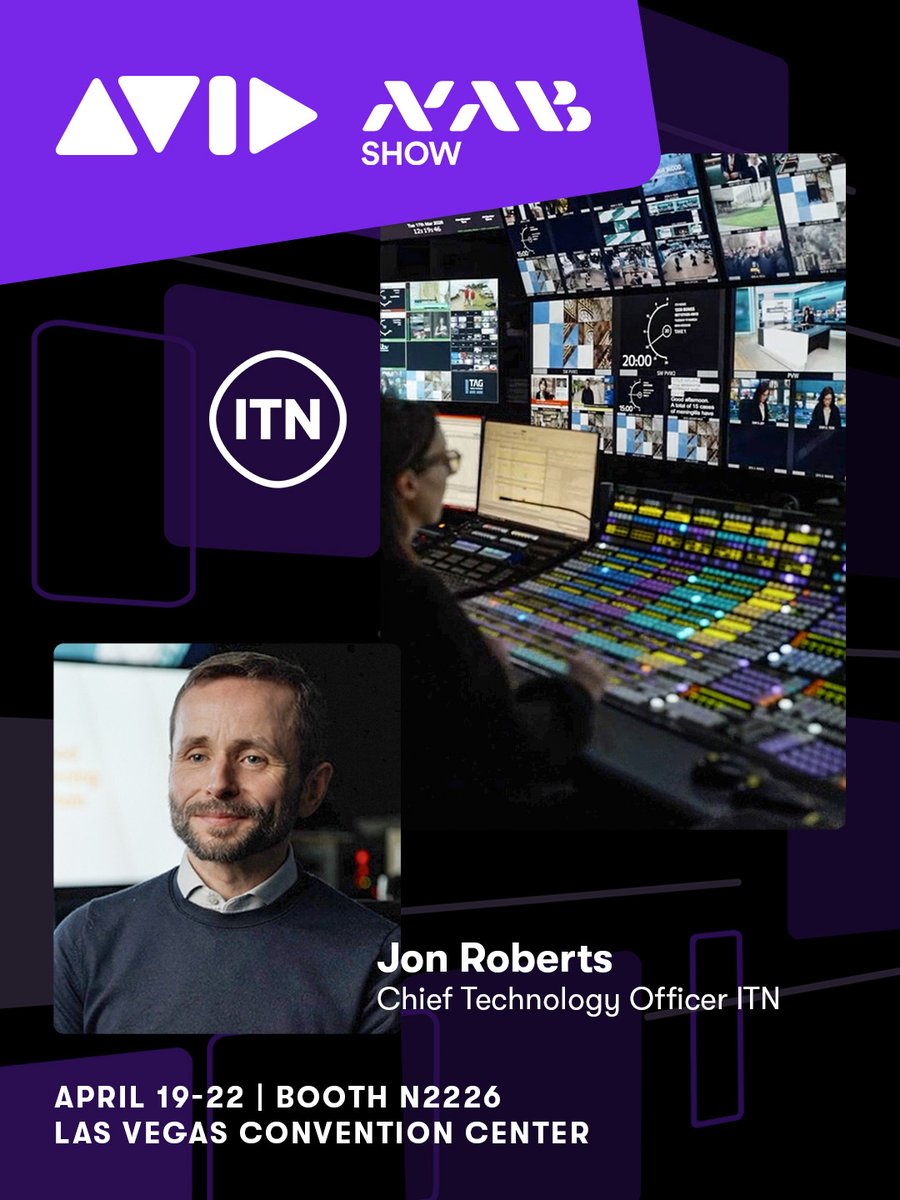Avid's tweet image. Jon Roberts shares how ITV News, ITN, and Avid are reinventing newsroom workflows on the Avid main stage at NAB 2026 (Booth N2226)

▶️ avid.com/nab
📅 April 20, 5 PM PT

#avid #nabshow #nab2026 #itn #itv #newsroom #newsproduction #broadcast