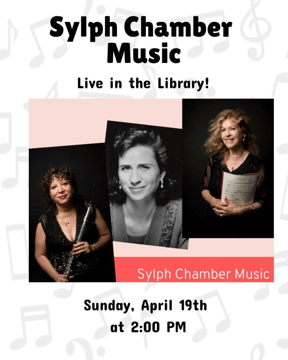NSPLibrary's tweet photo. Adult in-person concert, Apr 19, 2 PM : Sylph Chamber Music
Nadine Scharman (flute), Ann Zalkind (piano) &amp; Andrea Randa (crystal singing bowls &amp; vocals) perform a mix of Baroque, Romantic, world music &amp; original works. The program offers a calming, meditative listening experience https://t.co/EqcF8iWFij