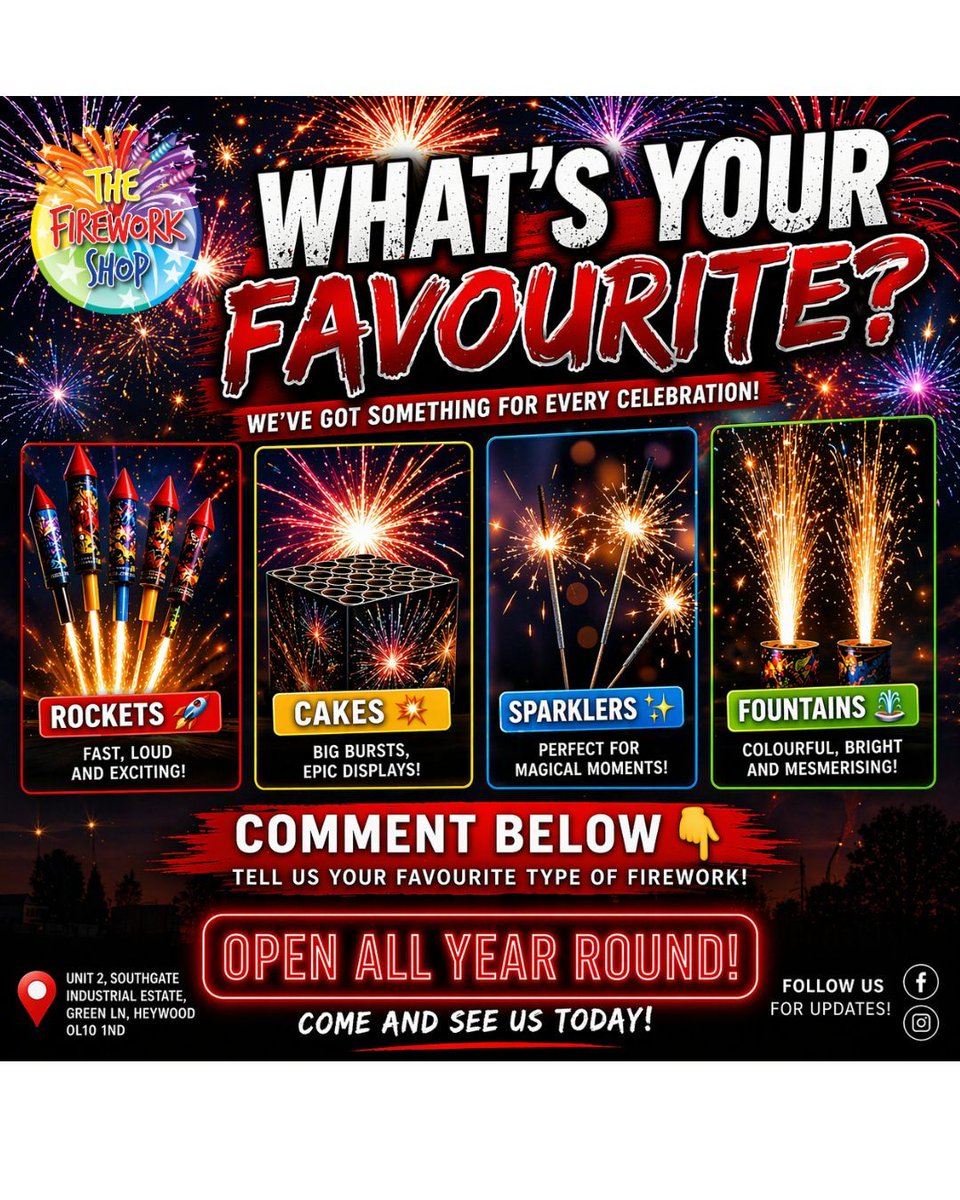 shop_firework's tweet photo. Alright… settle this for us 👀👇
What are you choosing?
🚀 Rockets or 💥 Cakes?
✨ Sparklers or 🌋 Fountains?

Drop your answer in the comments 👇

📍 Don’t forget—we’re open all year round

#ThisOrThat #Fireworks #OpenNow #AllYearRound https://t.co/hKN5InKFhx