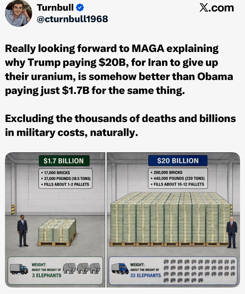 WeeDogWalker's tweet photo. @FurkanGozukara Only cost you $ 20 Billion to get Obama’s deal back! And 10,000 deaths😂. https://t.co/GZMliRctqs