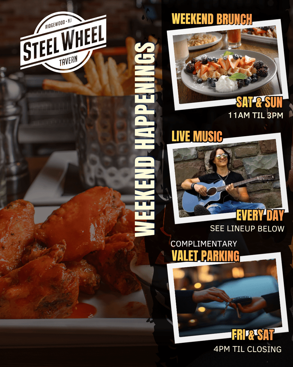 TavernSteel's tweet photo. Check out the Wheel's Weekend Happenings &amp; let's get it started!! We got Brunch on Sat &amp; Sun 11am til 3pm! Live Music every day - on Sundays from 12:30 til 3:30pm. Complimentary Valet Parking on Fri &amp; Sat for your no hassle pleasure! Great vibes all weekend long! https://t.co/CYiBKYBQTU