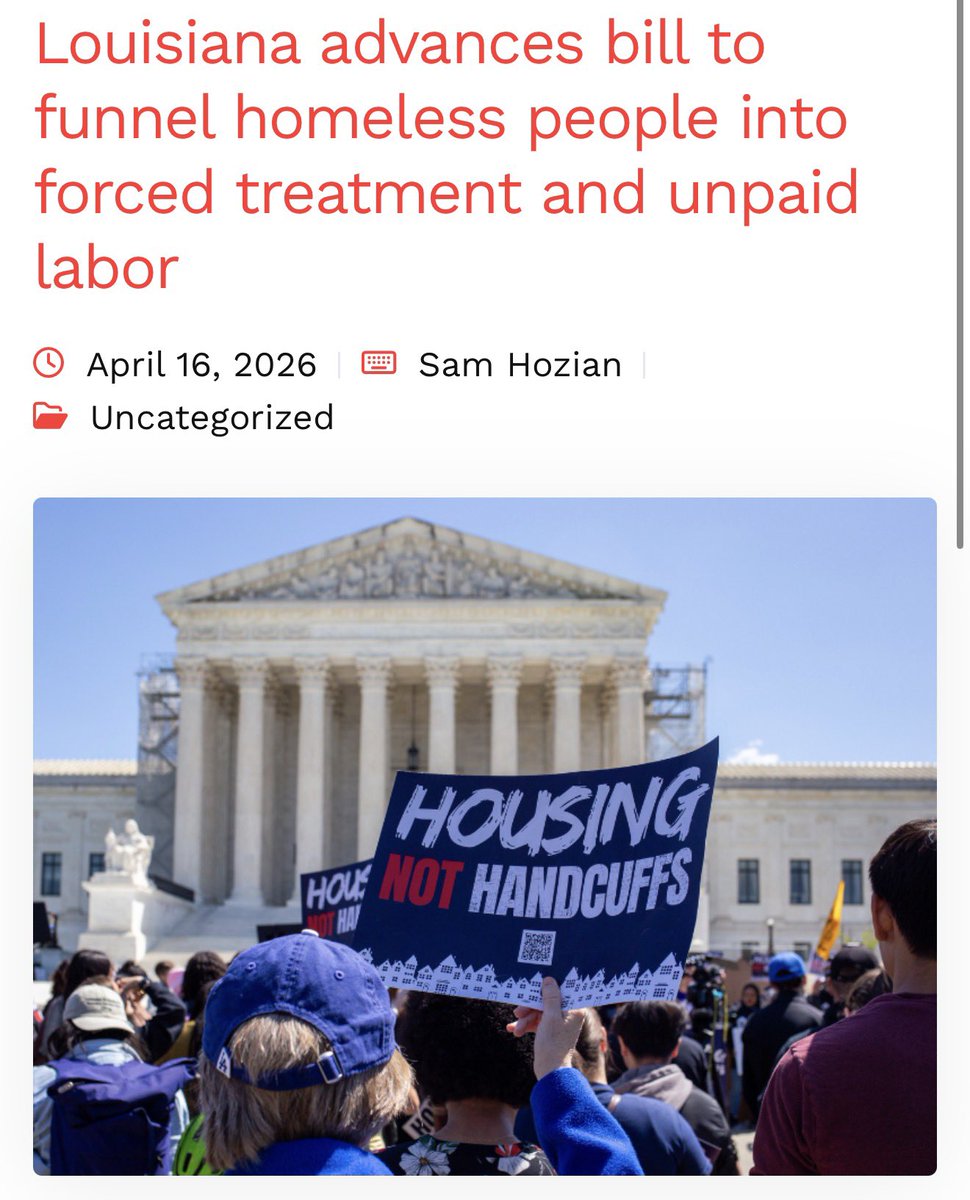 Bmbempower's tweet image. FORCED SLAVERY!!

#Louisiana #republicans has advanced one of the cruelest anti-homeless bills in the country. It would force homeless people to choose between jail and involuntary treatment, make them pay for it, and if they can't pay, force them to perform unpaid labor.

So