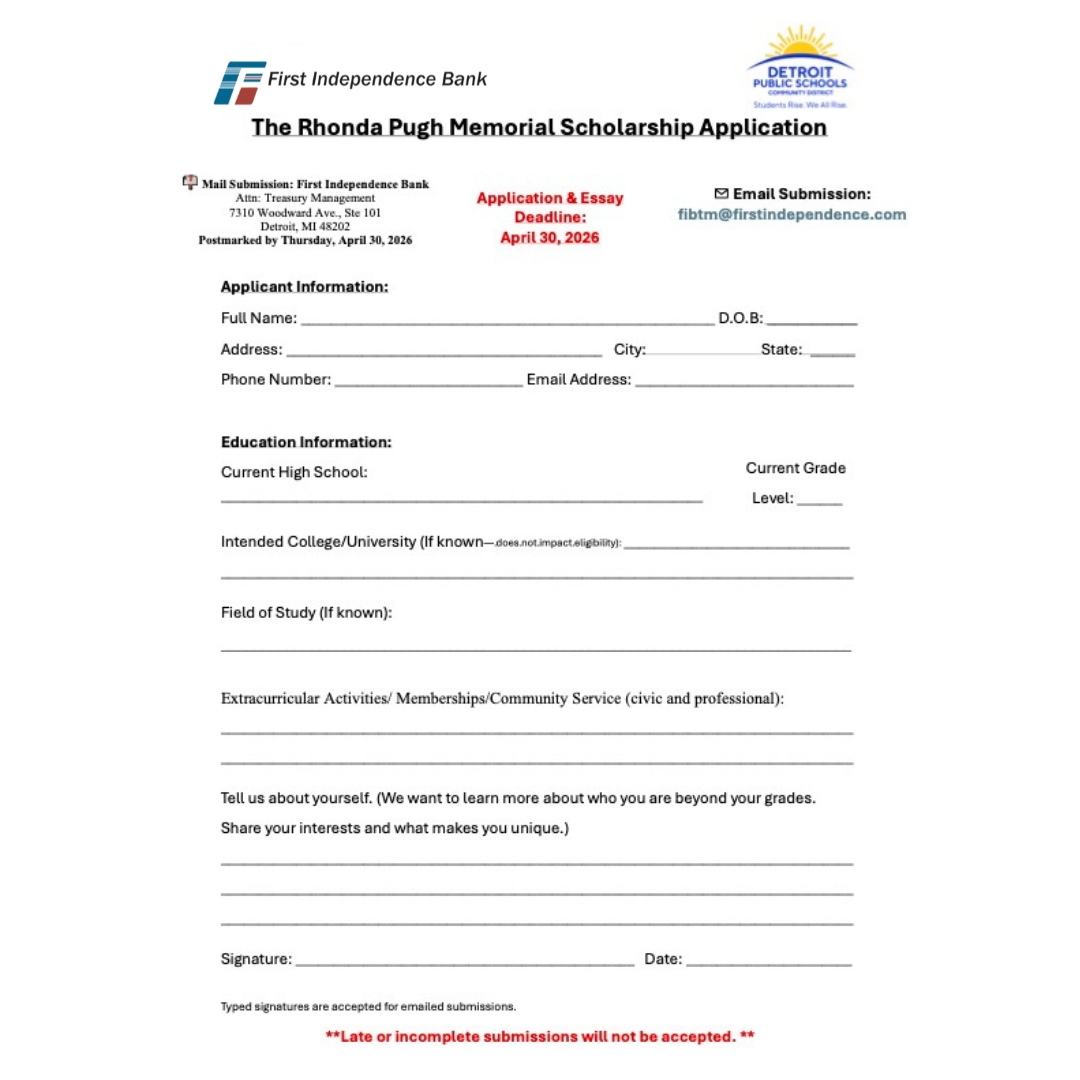 ficonnected's tweet image. ✨Friendly Reminder, #HighSchoolStudents — Have You Applied Yet?!🎓

Don’t miss your chance to apply for the 10th Annual Rhonda Pugh Memorial #Scholarship presented by First Independence!

See details below!

⏰ Deadline: April 30, 2026

#ficonnected
#banking
#Detroitstudents