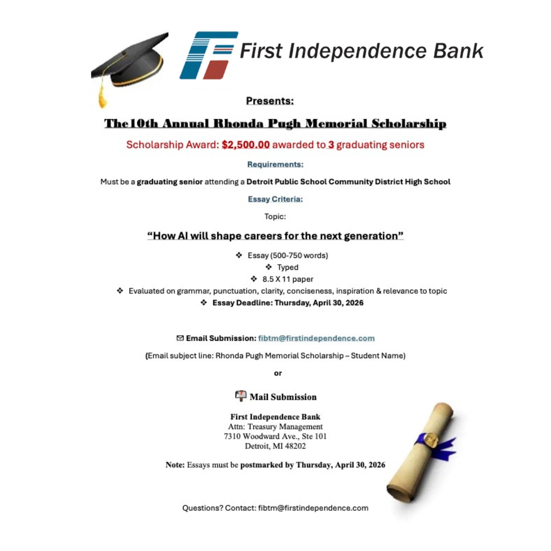 ficonnected's tweet image. ✨Friendly Reminder, #HighSchoolStudents — Have You Applied Yet?!🎓

Don’t miss your chance to apply for the 10th Annual Rhonda Pugh Memorial #Scholarship presented by First Independence!

See details below!

⏰ Deadline: April 30, 2026

#ficonnected
#banking
#Detroitstudents