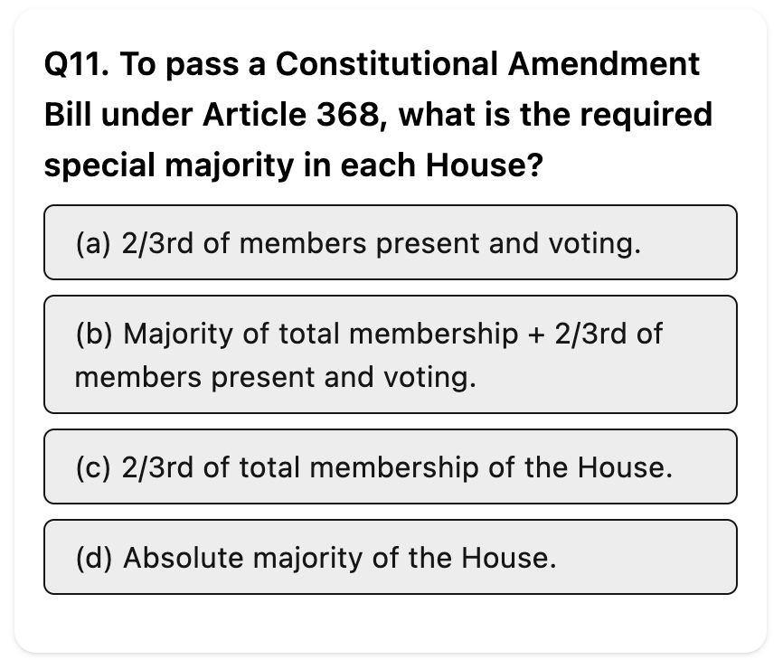 wingzpire_main's tweet image. Do you know the correct answer?

Difficulty: MEDIUM

Q. To pass a Constitutional Amendment Bill under Article 368, what is the required special majority in each House?

#UPSC #Constitution