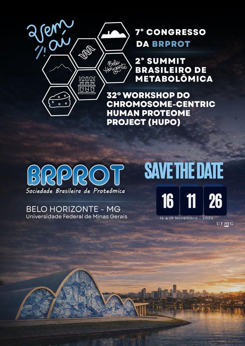 Prot_Br's tweet photo. Prepare-se para o maior encontro de Proteômica e Metabolômica do Brasil!
📍 UFMG, Belo Horizonte
* 7° Congresso da BRProt  
* 2° Summit Brasileiro de Metabolômica  
* 32° Workshop do Chromosome-Centric Human Proteome Project (HUPO) https://t.co/ElauJkhfOJ