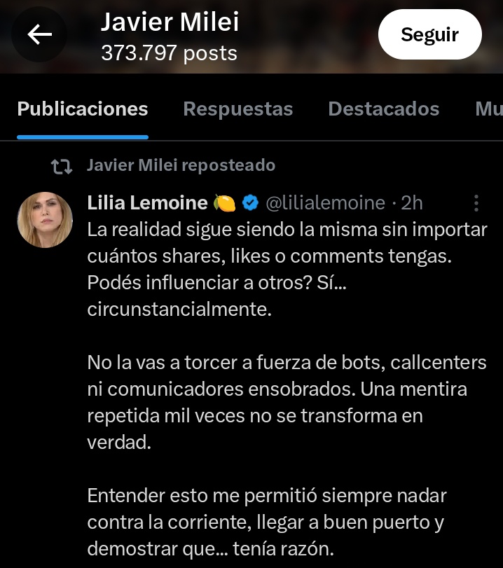 🚨 MILEI ECHÓ DE LA PLAZA ONLINE A LAS FUERZAS DEL CIELO

Con un RT a Lilia Lemoine en medio de la guerra con el Gordo Dan tomó partido y dijo que "la realidad sigue siendo la misma sin importar cuántos likes tengas".