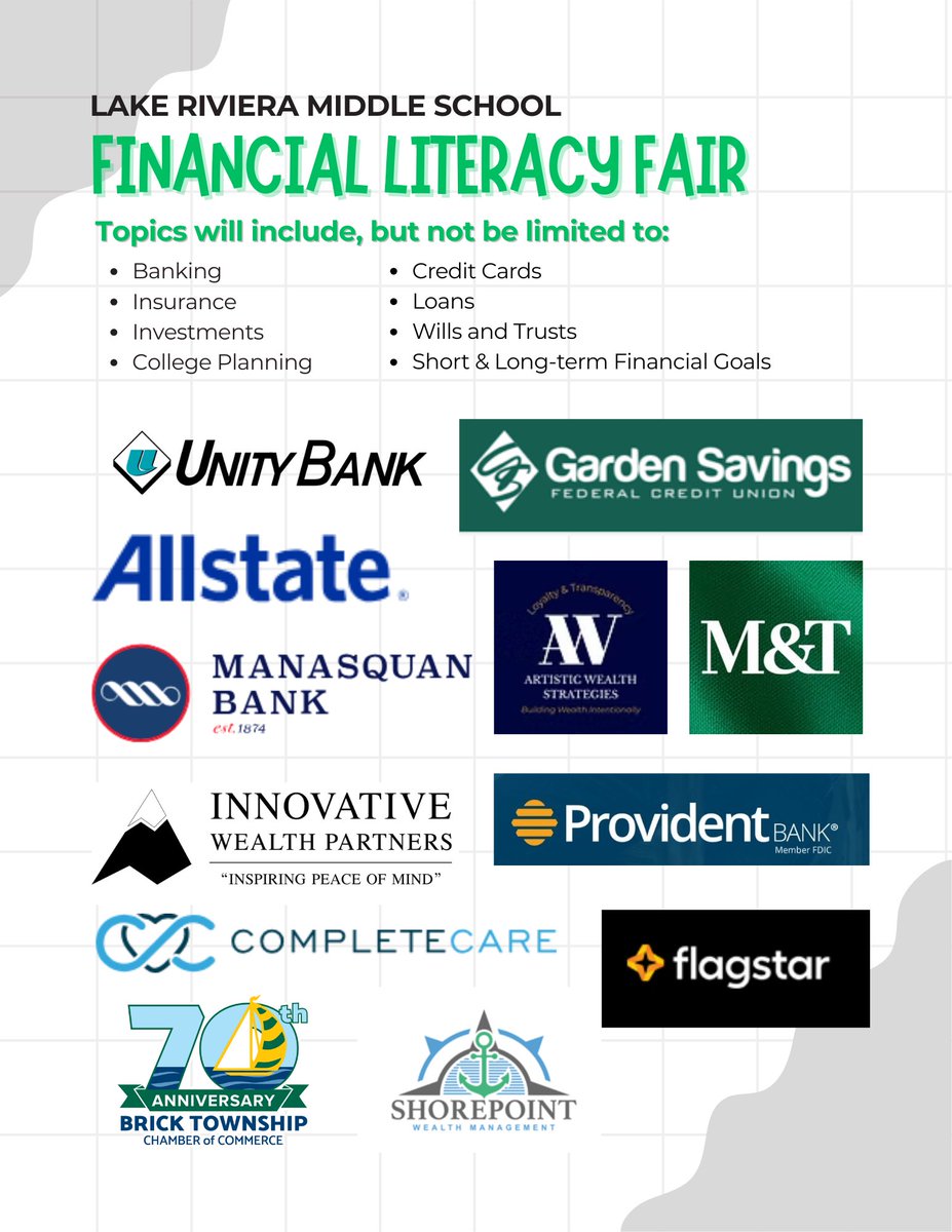 LRMSLakers's tweet photo. Please join us for the first ever LRMS Financial Literacy Fair on Monday, April 20th in partnership with @BrickChamber Come and learn how to secure your family’s financial future! 💰 @BrickSupt #financialliteracy https://t.co/GMPXCZAEzA