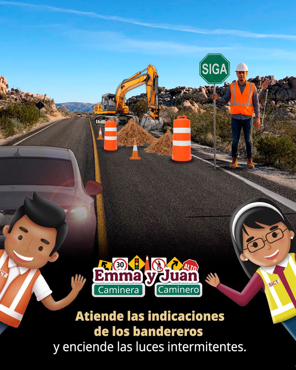 Si un banderero te muestra la señal "SIGA" y sube y baja su mano, indica que debes disminuir la velocidad. 🟢👷‍♂️