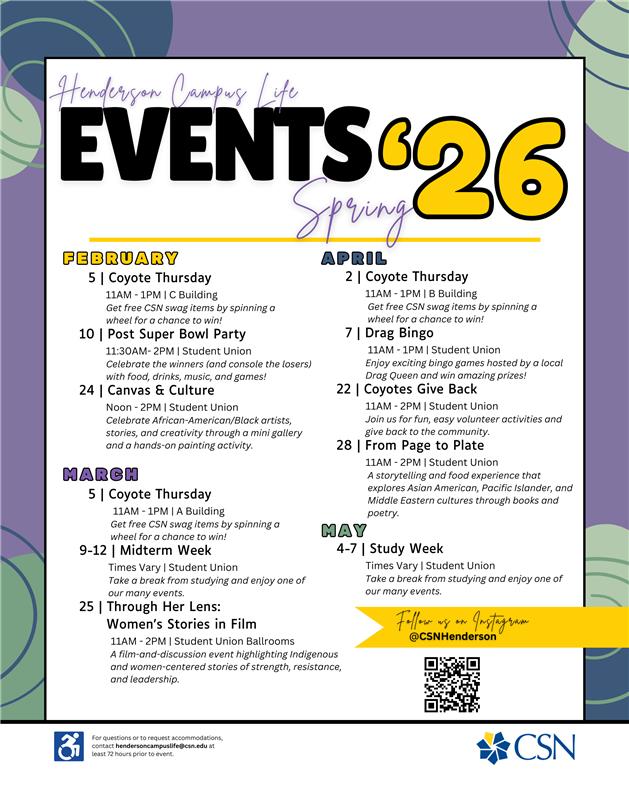 CSNCareerServ's tweet image. More events coming your way!

Get involved before the semester ends and attend one of CSN's Henderson Campus events!

#HENCampusLife #CSNSpring2026 #GetInvolved #HendersonNV #CampusEvents