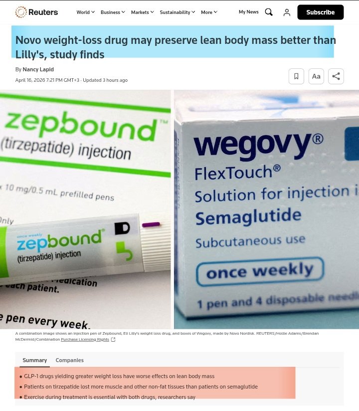 رويترز : 

● علاجات السمنة من شركة Eli Lilly 
(مونجارو + زيباوند) يمكن أن تؤدي إلى فقدان وزن أكبر ، لكن مع تأثير أعلى على الكتلة العضلية ،مقارنة بعلاجات شركة Novo Nordisk
(أوزمبيك + ويجوفي) !

● المرضى الذين استخدموا دواء (مونجارو وزيباوند)  من ايلاي ليلي فقدوا كتلة عضلية