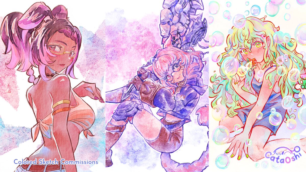cataoshi's tweet photo. 🚨 Commissions Open! 🚨 

A few slots available for vibrant watercolor commissions in May! 🌈 Busts, half-body &amp; full-body available.
OCs and fanart welcome! 

Check my vgen page (link in bio) for details and pricing! https://t.co/qAtl1RDlxh