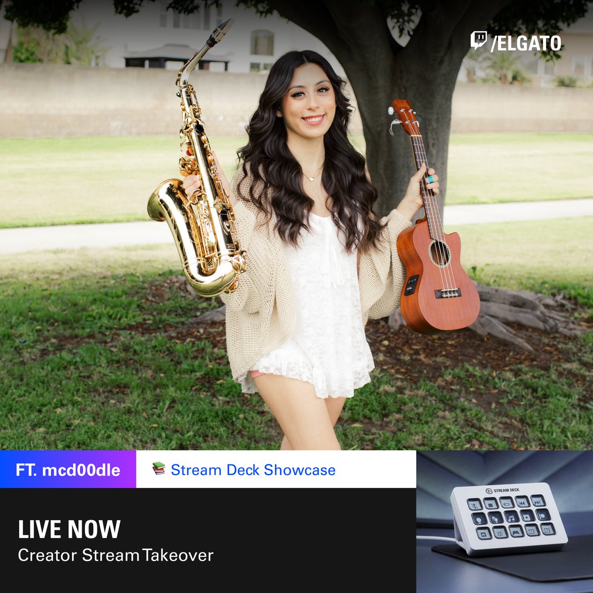 elgato's tweet photo. We're live now with a Creator Stream Takeover FT. @mcd00dle. 🎉

She's a musician on Twitch who plays a variety of instruments and has a heavy focus on chat interaction and community building. 

🎷 Stream Deck &amp; Saxophones
🎁 Stream Deck giveaway

➜ https://t.co/WMisjT8t2I https://t.co/9Ca9qbmF7P