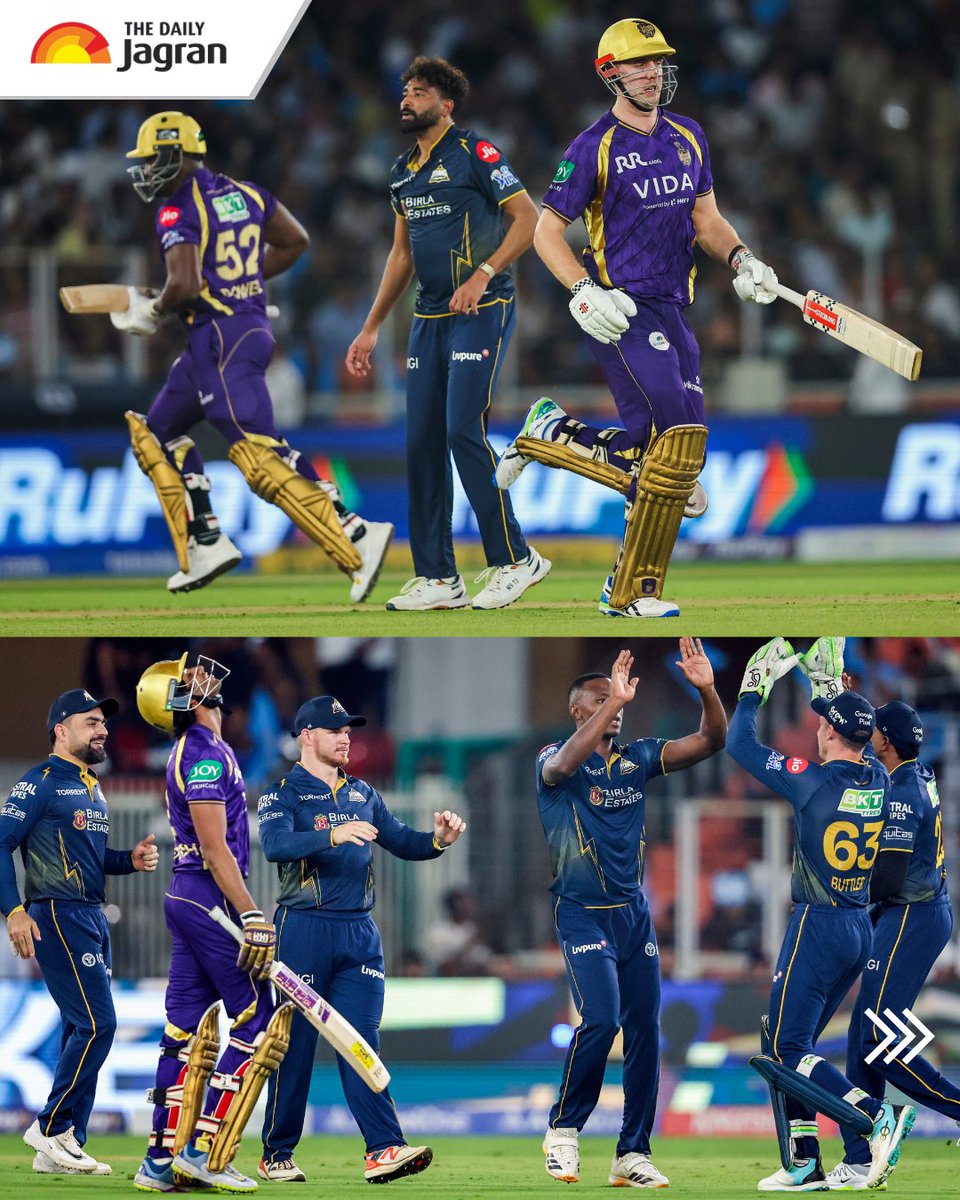 TheDailyJagran's tweet image. #InPics | Shubman Gill once again led from the front as Gujarat Titans chased down 181 in the final over to defeat Kolkata Knight Riders by five wickets. While Cameron Green played a stunning knock of 79 for Kolkata, it was not enough to stop Gujarat from registering their third