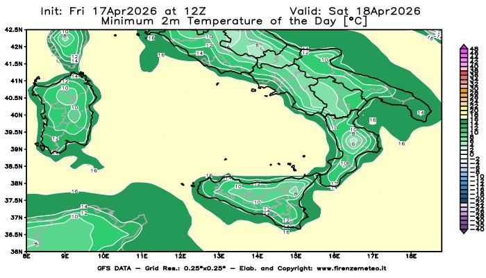 firenzemeteoit's tweet image. #Temperature #minime e #massime previste in Italia domani (18/04/2026) dal global model GFS.
Link ITA: firenzemeteo.it/maps/gfs-tempe…

#Minimum and #maximum temperatures forecast in Italy tomorrow (18/04/2026) by the GFS global model.
Link ENG: firenzemeteo.it/en/maps/gfs-ma…