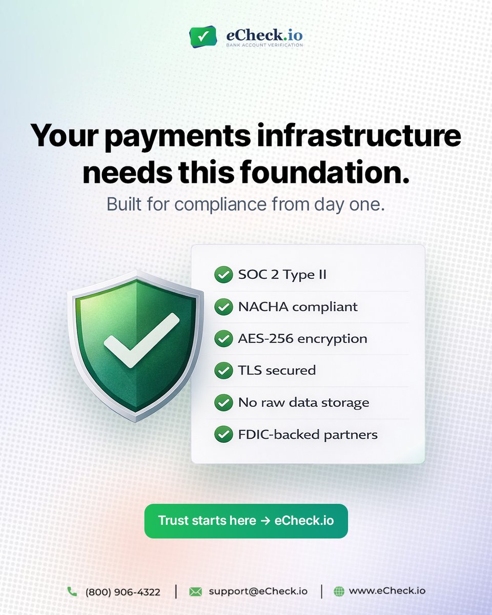 eCheckio's tweet image. Built for compliance from day one.
eCheck.io helps you build secure, compliant, and reliable payment workflows with real-time financial data verification—so every transaction is backed by trust, security, and accuracy.

👉 eCheck.io

#PaymentSecurity