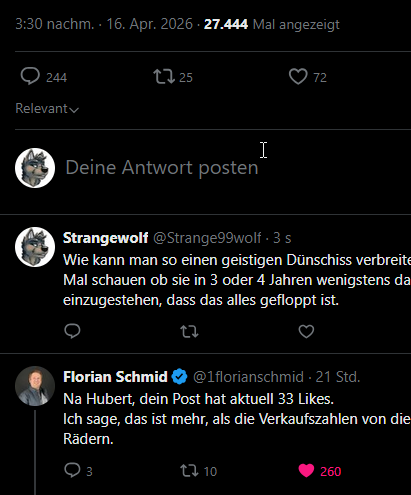 Strange99wolf's tweet photo. @HubertAiwanger @1florianschmid Herr Aiwanger: Um sie wenigstens für wenige Sekunden kurz in die Realität zu holen: 72 (Sie) vs. 260 (Hr. Schmid). https://t.co/jWvh89O94O