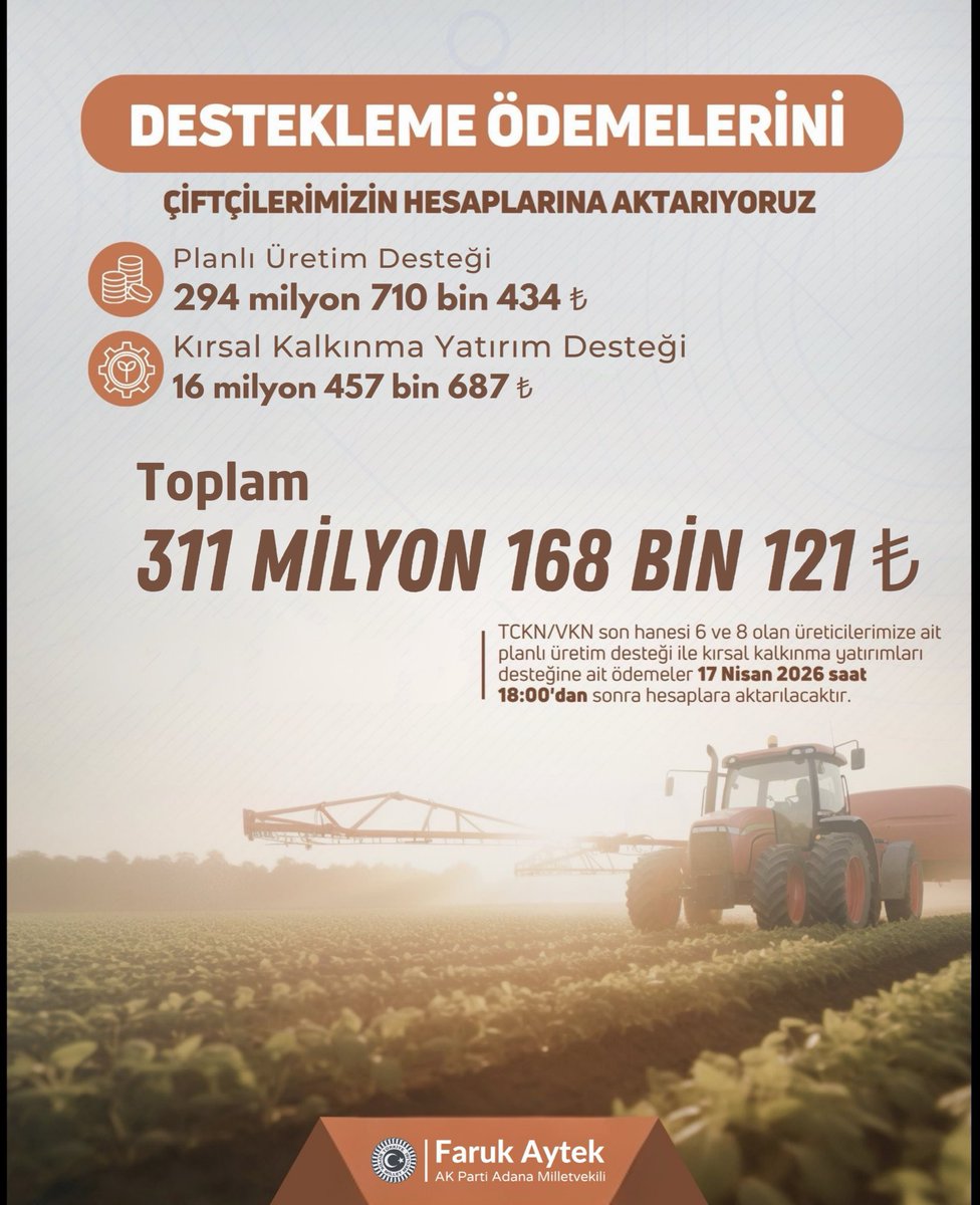 Çukurova’mızın bereketli topraklarında alın terini destekle büyütmeye, üretimin gücünü tahkim etmeye devam ediyoruz.

Adana’mızdaki üreticilerimize 311 milyon 168 bin 121 TL tarımsal destek ödemesini hesaplarına aktarıyoruz.

Hayırlı ve bereketli olsun.