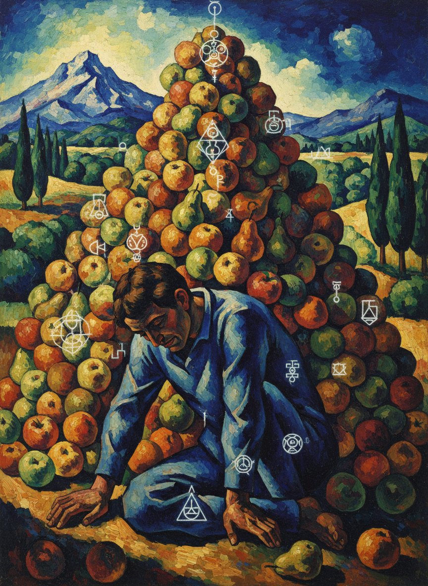 Parag361's tweet image. Binge Eating** — Figure: buried. Symbols: mountain of fruit. Colors: orange + red. Meaning: drowning in comfort. Detail: A sorrowful figure lies buried beneath a towering faceted mountain of Cézanne apples, oranges, and pears spilling across the floor. #BingeEating #Overflow