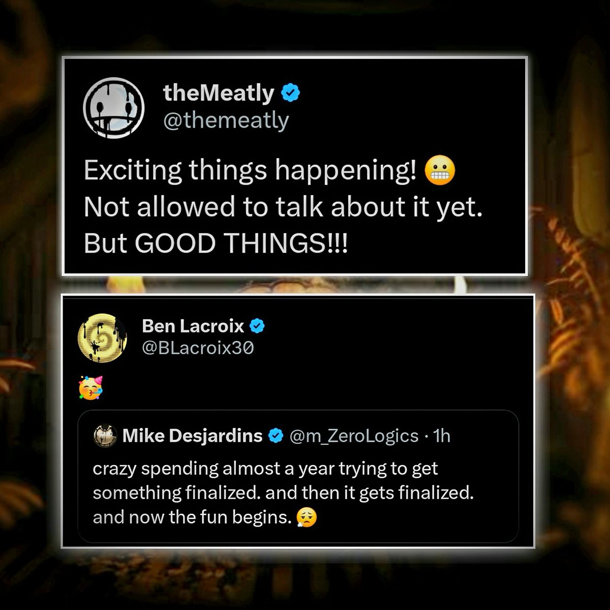 mascotmassacre's tweet image. 🔏 The bendy team has officially finalized something big they've been working on for almost a year!

It could be about the movie, or maybe a dead by daylight collab 👀 what do you think?

#BENDY
