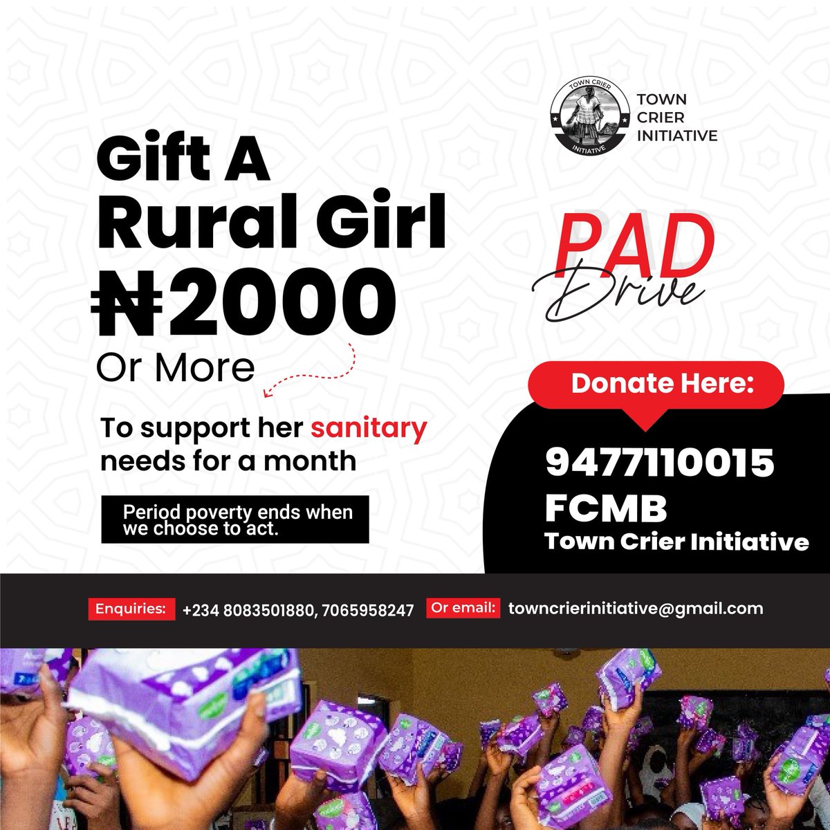 TownCrierAfrica's tweet image. @TownCrierAfrica PAD DRIVE 2026

Many needs can be ignored but period needs can't be ignored, especially for a girl in the rural community.

Here's why, In commemoration of @MHDay28May Day 2026  🚺💧

We're raising a pad for the girls in select rural community.

#Period #Pad