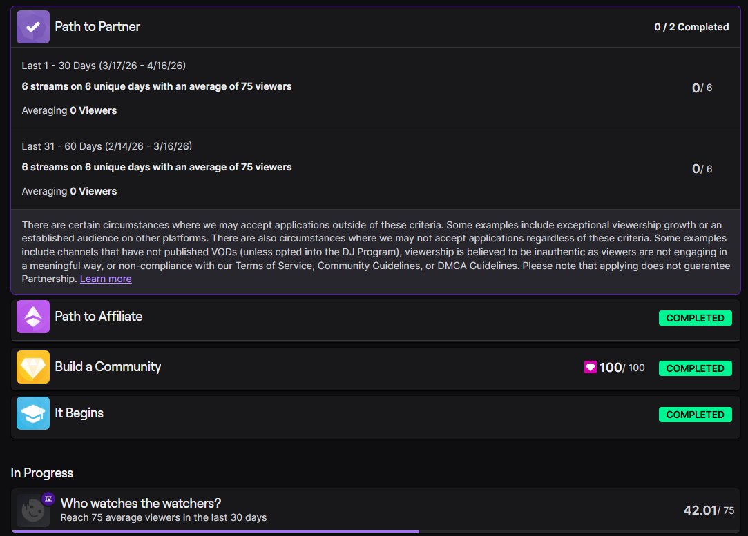Please fix this being bugged for the #Twitch #Partner grind. <a href="/Twitch/">Twitch</a> 

Right now, my average viewers are 42 but not showing stats up top towards the Partner grind. 🙏