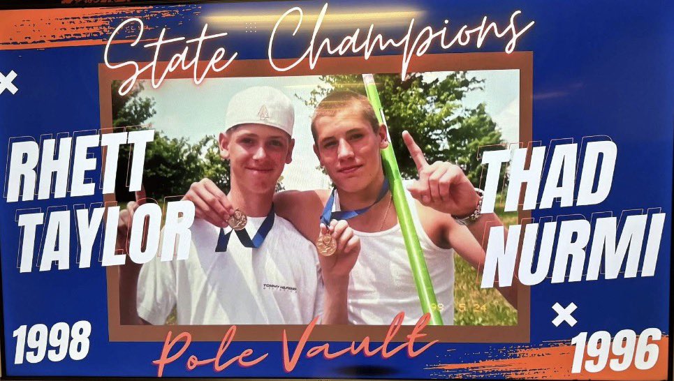 MSPoleVault's tweet photo. #MSPoleVault JH State Champions Thad Nurmi and Rhett Taylor.  Thad won the 1996 7AA Pole Vault title with a vault of 9-3 and Rhett won the 1998 7AA Pole Vault title with a vault of 10-1, breaking his coach @toastclark state record of 10-0 set in 1990. https://t.co/5J5H6hLEVX