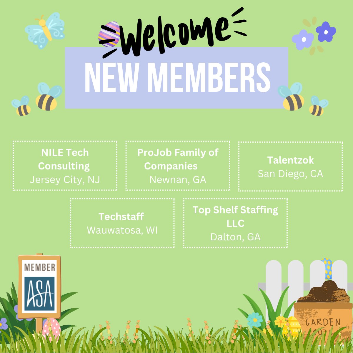 StaffingTweets's tweet image. ASA would like to welcome the following new members: NILE Tech Consulting, ProJob Family of Companies, Talentzok, Techstaff, and Top Shelf Staffing LLC! #jobs #recruitment #staffing