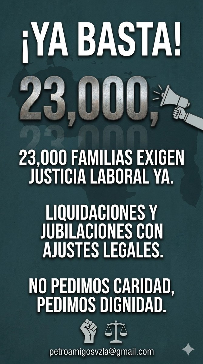 petroamigosvzla's tweet photo. "PETRO – AMIGOS VENEZUELA & CORPORACION CENTRAL PETRO – AMIGOS VENEZUELA". 
2003: comenzó la espera. 2026: la espera persiste.
Han pasado 23 años en los que miles de trabajadores petroleros venezolanos han visto:
• envejecer y enfermar a sus compañeros,
• partir a quienes ya no pudieron resistir,
• endeudarse a sus familias,
• y desvanecerse, una y otra vez, las promesas de justicia.
No es solo tiempo acumulado. Es una deuda humana, laboral y moral que sigue abierta.
23.000 familias exigen hoy lo que la ley siempre les garantizó: 
✅ Liquidaciones completas
✅ Jubilaciones dignas 
✅ Ajustes y retroactivos
La deuda existe. El tiempo pasa. La justicia no puede seguir esperando.
Que esta información llegue a quienes deben escucharla. Reenvía.
Email: petroamigosvzla@gmail.com 

#PetroAmigosVenezuela 
#GeneraciónRelevo
#PDVSANoEstaQuebrada
#PetroAmigosVenezuela 
#GeneracionesUnidas 
#HeredamosSuDignidad 
#JusticiaPDVSA2023 
#RVIA
#FamiliasOlvidadas
#JusticiaLaboral 
#PetroAmigos 
#PDVSA 
#23AñosEsperando 
#Venezuela
#SCOTUS
#DelawareCourt
#Citgo
#JudgeLeonardStark
#JudgeJenniferHall
#OFAC
#CIDH
#JudgeKatherinePolk
#Crystallex
#HolocaustoPetrolero
#23AñosDeOlvido
#QueremosCobrar
#RetuiteaPorLaJusticia
#CitgoEsDeVenezuela
#NoMásSilencio
#SomosPetrleros
#kilometro_internacional
#HumanRights
#JusticeMatters
#TransitionalJustice
#Accountability
#TruthAndJustice
#WorkersRights
#LaborRights
#NoToImpunity
#RightToCompensation
#SocialJutisce
#BreakingNews
#ShareTheTruth
#StandUpForRights
#WeWillNotBeSilenced
#citgosale
#justice
#crimen
#TRAICION
#PDVSAWorkers 
@TheJusticeDept
@SecRubio
@marcorubio
@MaElviraSalazar
@SenKaine
@MariaCorinaYA
@EdmundoGU
@VenteVenezuela
@calderonberti
@Reuters
@Forbes
@business
@nytimes
@washingtonpost
@WSJ
@CNN
@ABC
@CBSNews
@NBCNews
@MiguelContigo
@dplacer
@apolitikoyt
@Norbey_Marin_
@AleMarcanoS
@JRP140
@la_katuar
@PattyPoleo
@ElPitazoTV
@DiesbaloEs65059
@penaof
@isidralopenza18
@pablo240351
@sanchezac1961
@yida1920
@osro1910