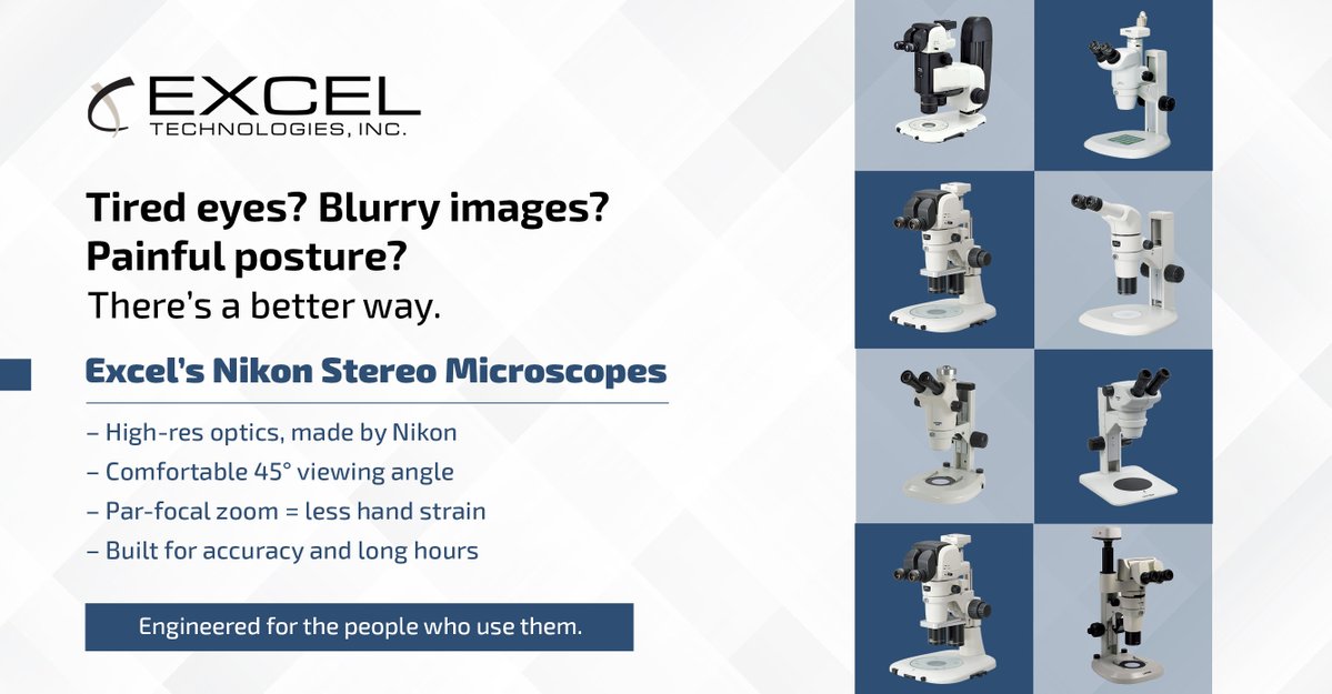 ExcelTechInc's tweet image. "The most common complaint is eye strain.”

Excel’s #Nikon stereo #microscopes fix that—with sharp #optics, ergonomic design, and par-focal zoom that stays focused. 

Better clarity, less fatigue, and happier inspection teams.

Learn more at shorturl.at/SaVLm
