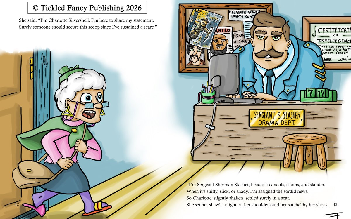 TFPublishing's tweet photo. Sneak Peek #4! Sergeant Slasher meets Charlotte Silvershell for the first time in a tongue twister that makes Sally's seashell sales seem like child's play. Stay tuned for our release date in the next couple of months!

Text by Karen Kappen; illustration by Ian Fetterhoff. https://t.co/Ro0Cntj71n