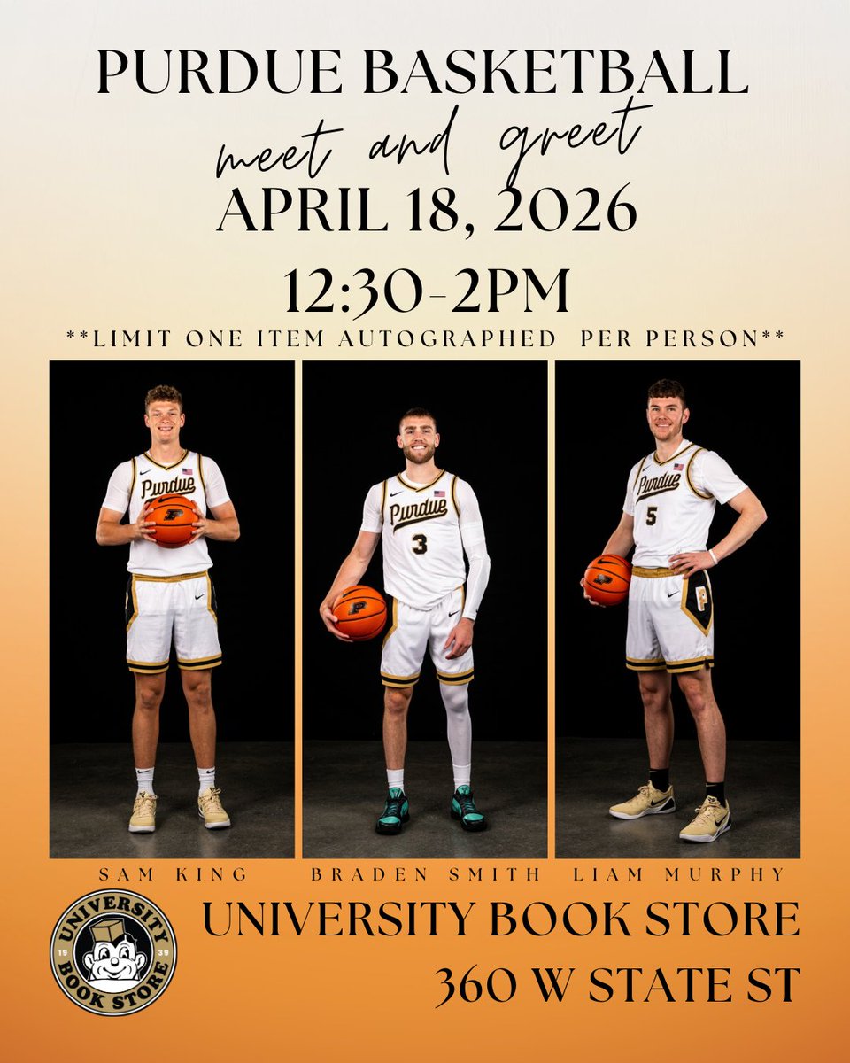 PurdueLearfield's tweet photo. Meet &amp; Greet at the University Book Store! TOMORROW 4/18 from 12:30-2pm ET🏀

#BoilerUp 🚂 https://t.co/PdPGajC5No